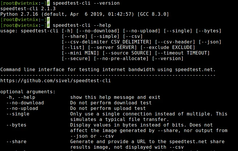 Kiểm tra phiên bản của speedtest