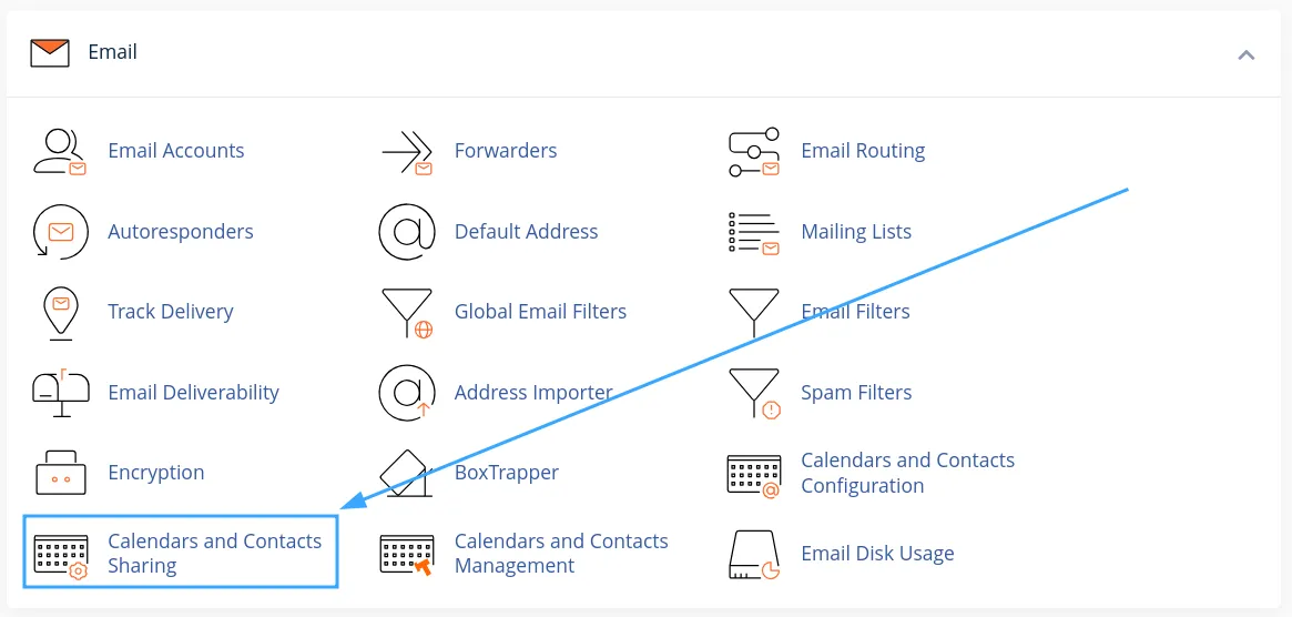 Chọn vào phần sử dụng Calendars and Contacts Sharing trên cPanel