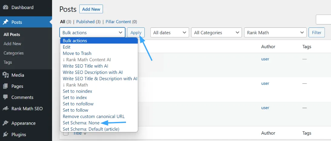 Xóa schema bằng Bulk Actions