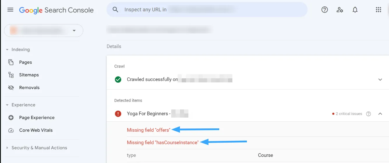 Lỗi thiếu trường hasCourseInstance trong Search Console