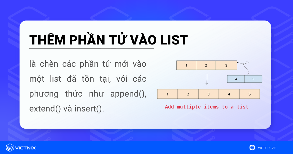 Thêm phần tử vào list trong Python là chèn các phần tử mới vào một list đã tồn tại