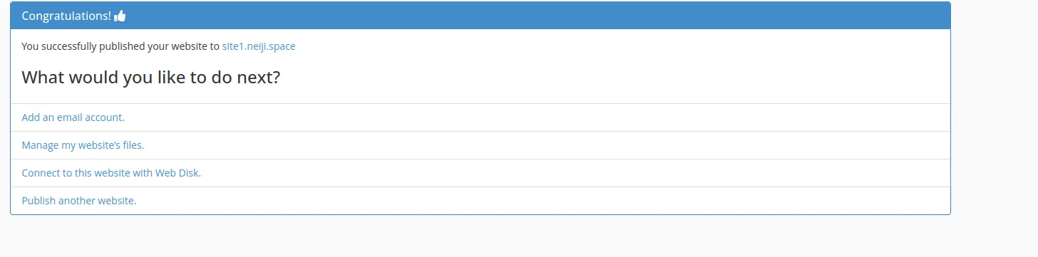 Thông báo tạo trang web với Site Publisher trên cPanel thành công
