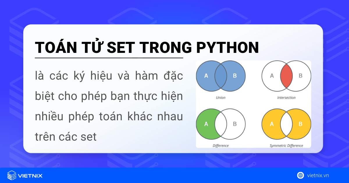 Toán tử set trong Python là các ký hiệu và hàm đặc biệt giúp bạn thực hiện nhiều phép toán trên set