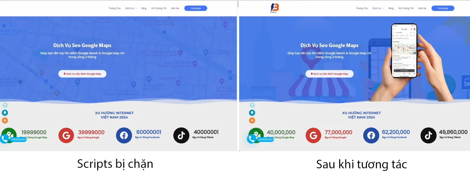 Javascripts bị chặn gây sai lệch nội dung trước và sau khi người dùng tương tác