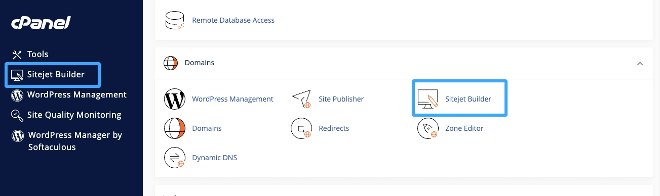 Truy cập vào sử dụng Sitejet Builder trong cPanel