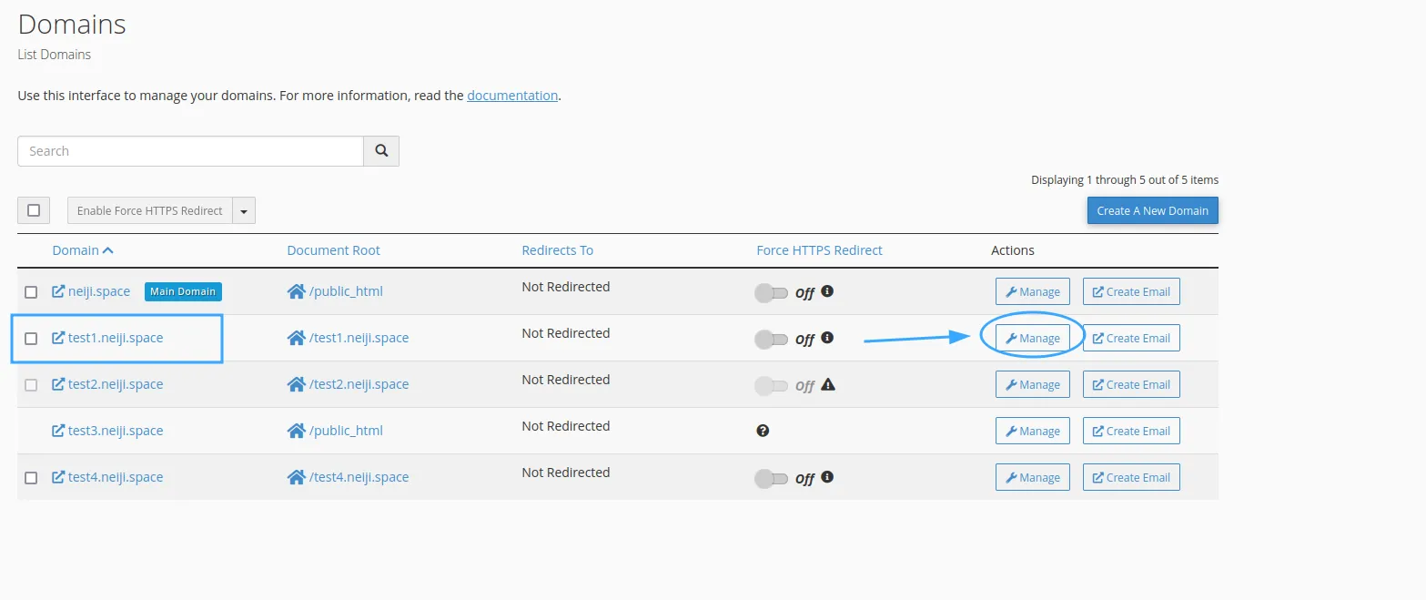 Chọn Manage tại subdomain cần xoá