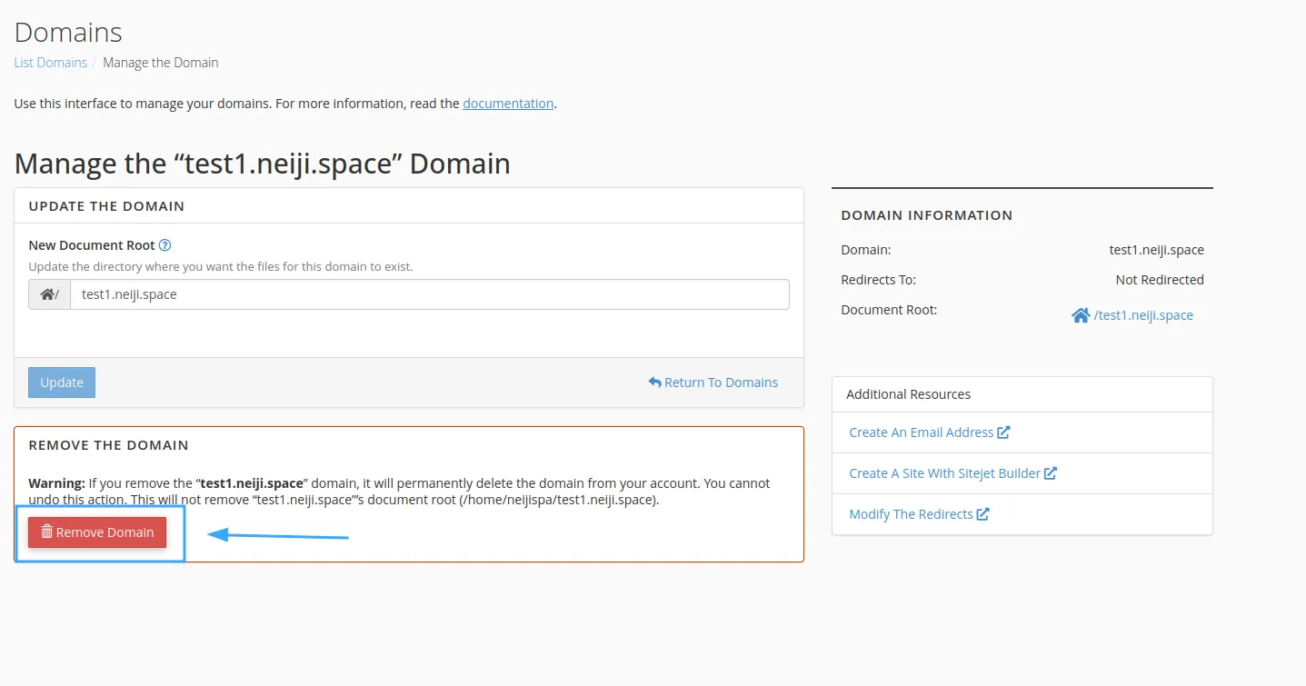 Chọn Remove Domain để xoá