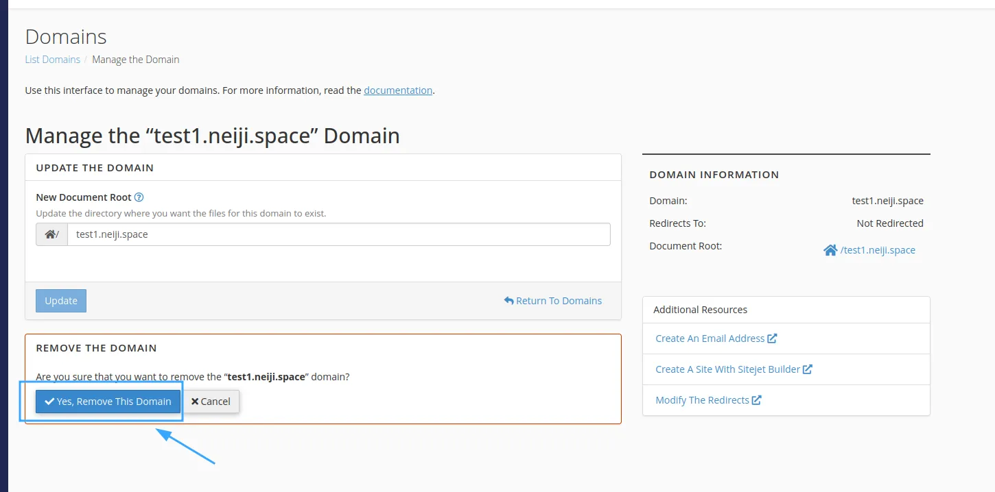 Xác nhận xoá subdomain trên cPanel