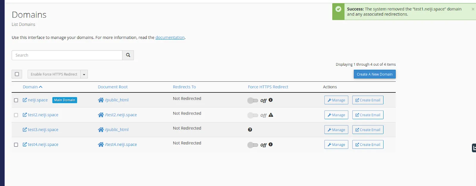 Kiểm tra danh sách subdomain sau khi xoá
