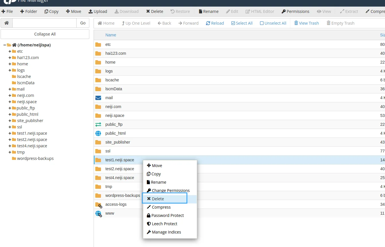 Xóa thư mục document root của subdomain