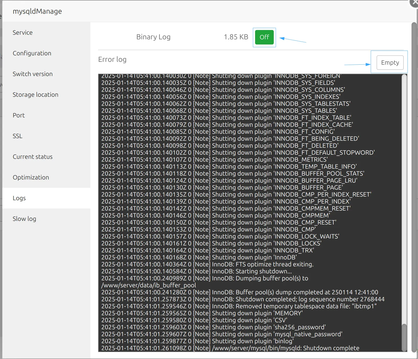 Tắt Binary Logs trong MySQL