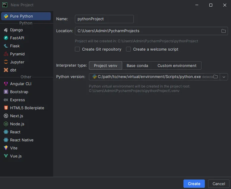 2. Tạo dự án mới