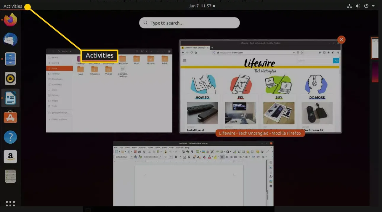 Nút Activities ở góc trên bên trái của màn hình Ubuntu