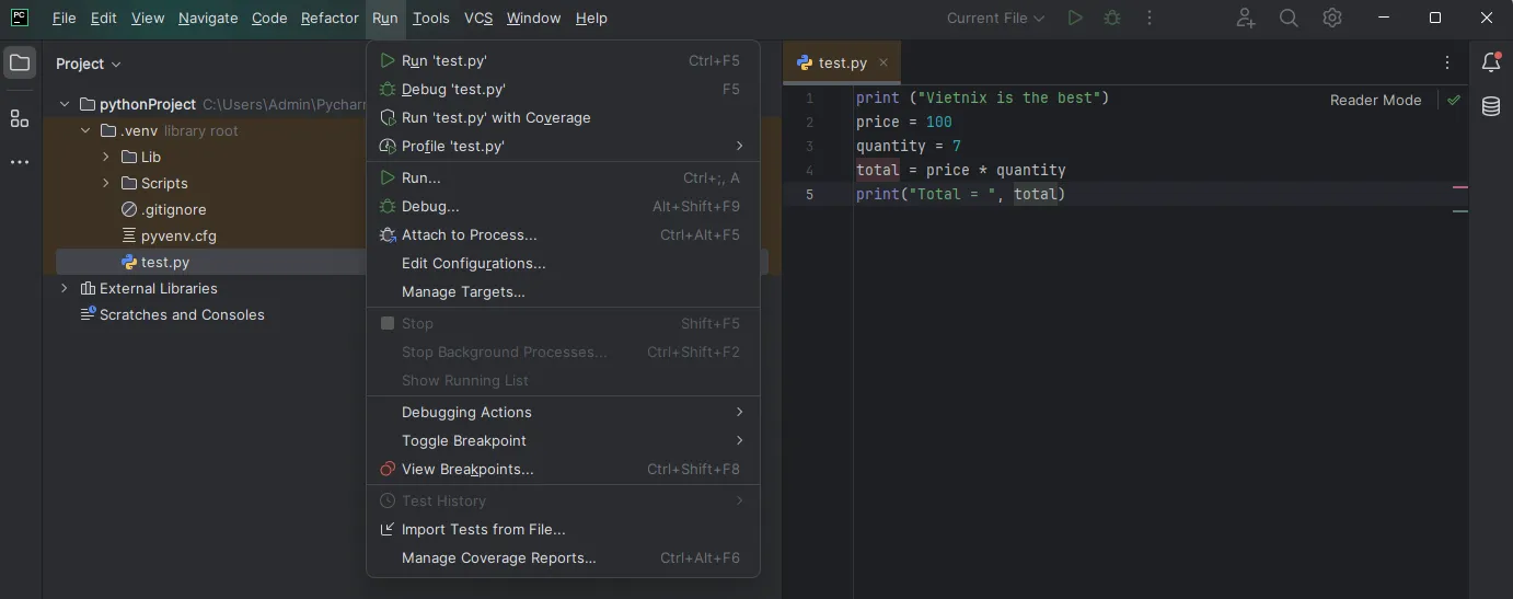 Để thực thi chương trình, chọn từ menu Run hoặc sử dụng phím tắt Ctrl+F5