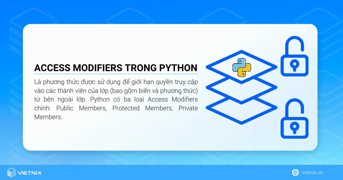 Tìm hiểu về Access Modifiers trong Python 5 Access Modifiers trong Python được sử dụng để giới hạn quyền truy cập vào các thành viên của lớp