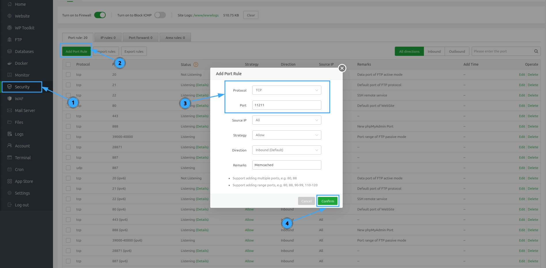 Mở port cho Memcached