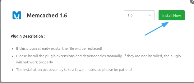Nhấn Install Now để cài đặt Memcached aaPanel