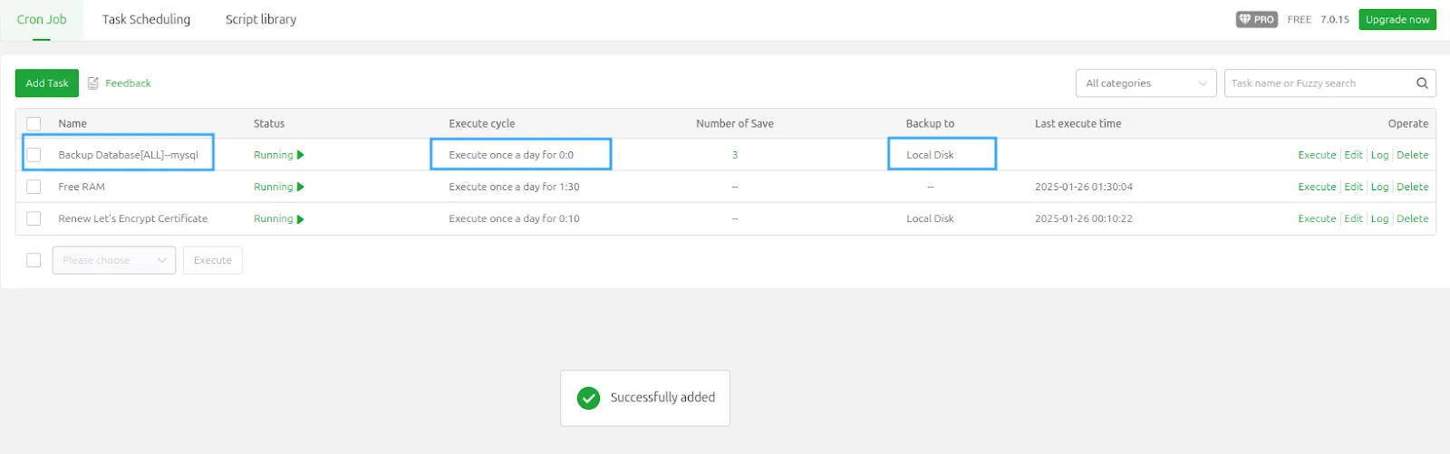 Kiểm tra lại sau khi đặt Cron tự động Backup MySQL trên aaPanel