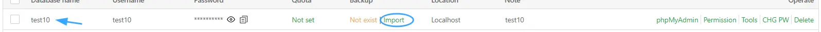 Chọn database cần import