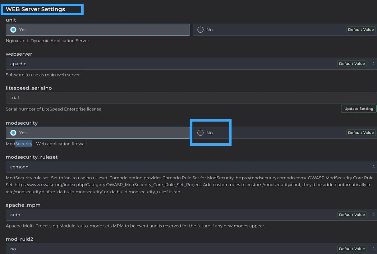Tắt ModSecurity trong CustomBuild