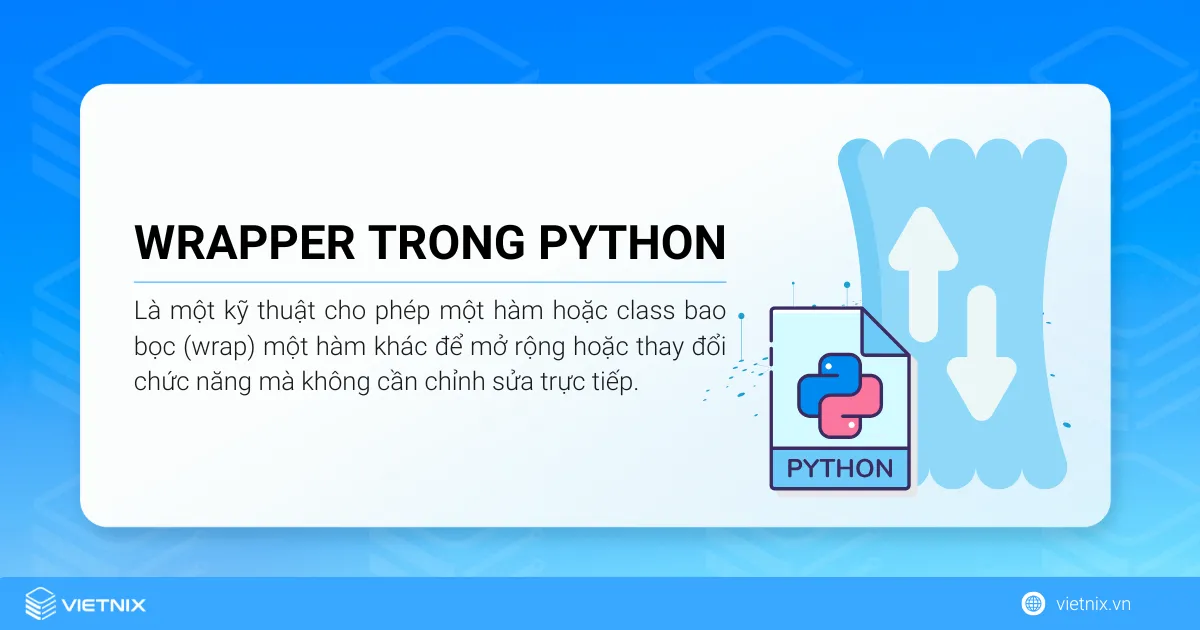 Tìm hiểu chi tiết về wrapper trong Python 5 Wrapper trong Python là một kỹ thuật cho phép một hàm hoặc class bao bọc (wrap) một hàm khác để mở rộng hoặc thay đổi chức năng mà không cần chỉnh sửa trực tiếp