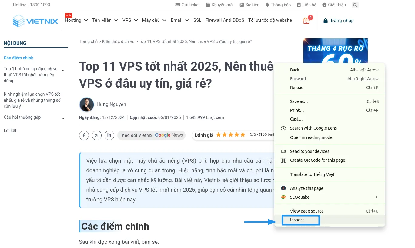 1. Dùng chuột phải chọn “Inspect” (Kiểm tra)