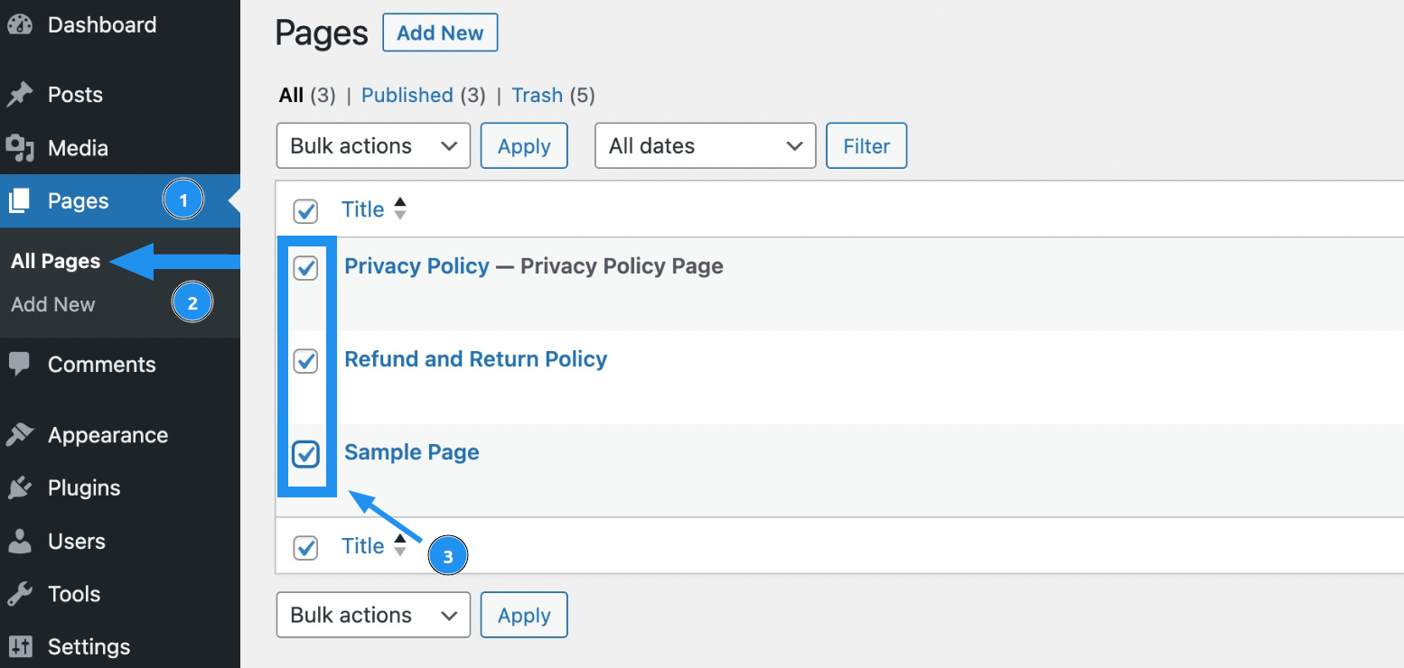 Bạn truy cập Pages → All Pages từ bảng điều khiển WordPress