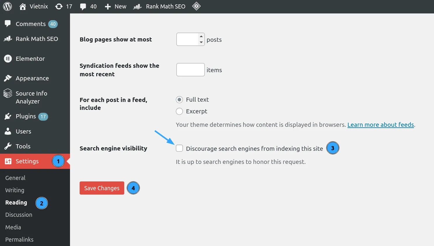 Cách khắc phục lỗi Excluded by NoIndex Tag trong Google Search Console 46 Bước 4: Tắt chế độ chặn toàn bộ website khỏi Google