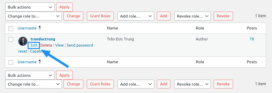 Chọn edit để bắt đầu thay đổi role người dùng