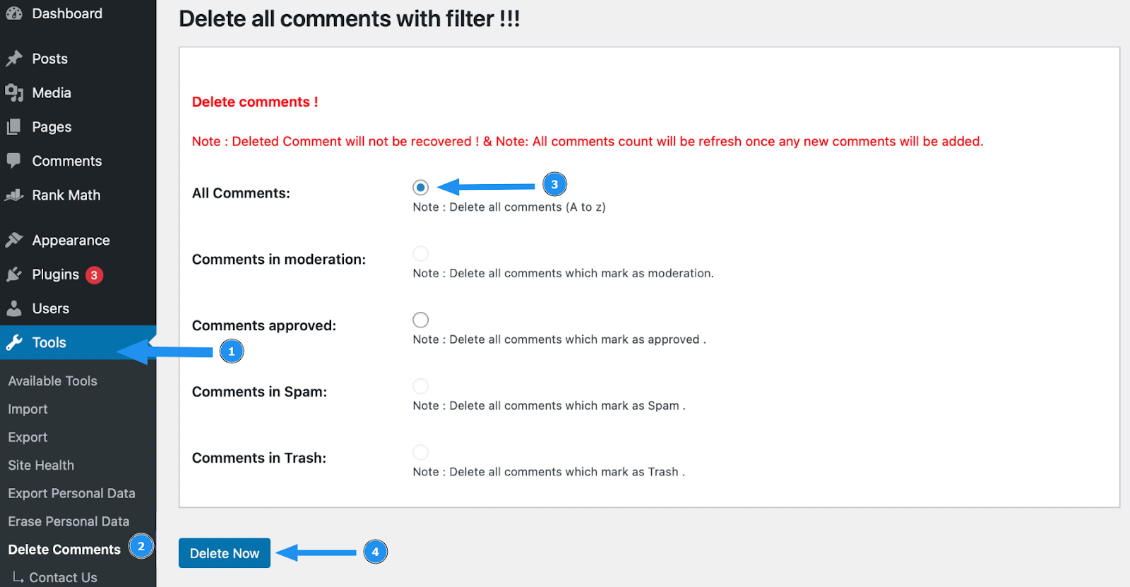 Chọn tùy chọn phù hợp (thường là All Comments) và nhấn Delete Now