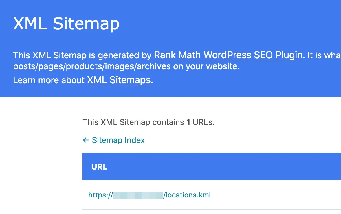 Kiểm tra file KML trong sitemap và xác nhận thông tin vị trí đã được hiển thị chính xác.
