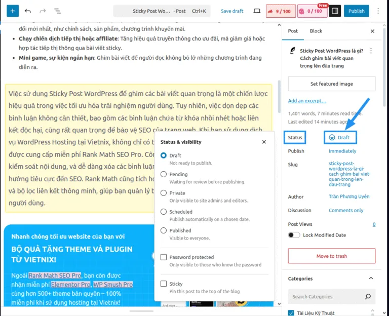 Mở phần Status & visibility