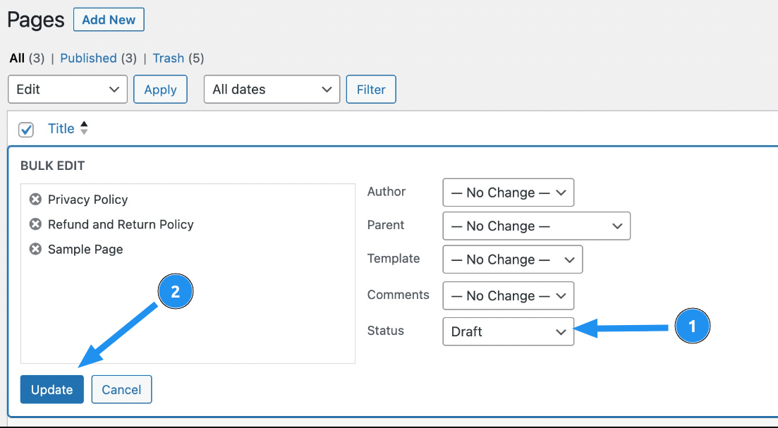 Một khung chỉnh sửa sẽ xuất hiện. Tại mục Status, bạn chọn Draft, rồi nhấn nút Update để lưu thay đổi