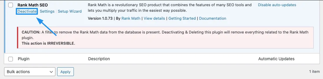 Nhấn Deactivate để vô hiệu hóa plugin