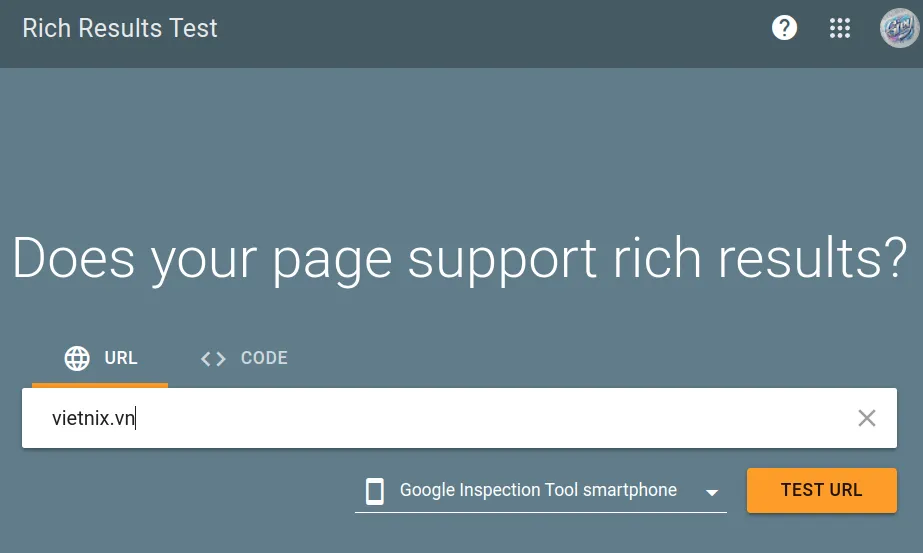 Nhập URL của trang cần kiểm tra → bấm “Kiểm tra URL” (Test URL).