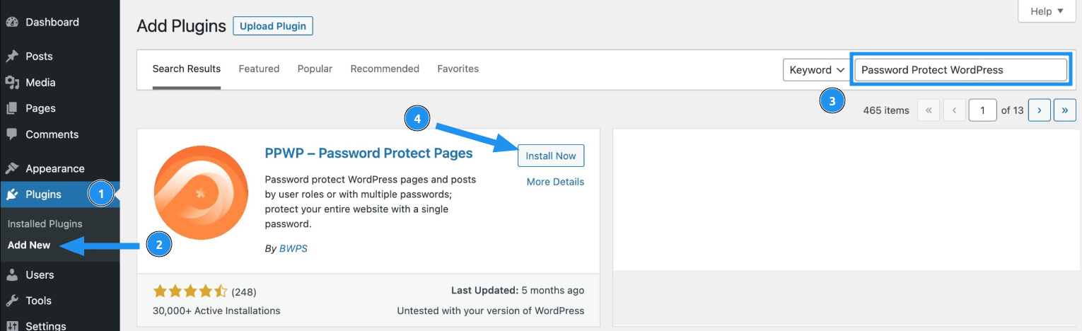 Nhập tên plugin Password Protect WordPress Page (PPWP) vào ô tìm kiếm và nhấn Install