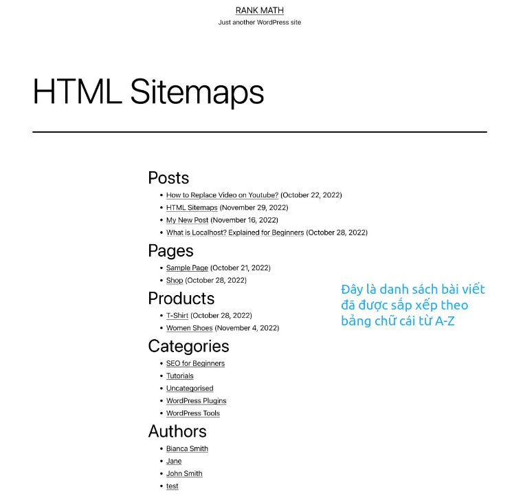 Sitemap HTML sẽ được sắp xếp theo thứ tự bảng chữ cái