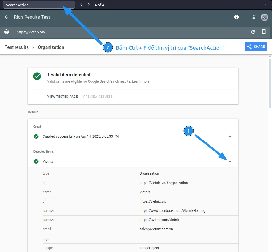 Tại phần “Detected items”, kiểm tra xem có Schema SearchAction hay không.