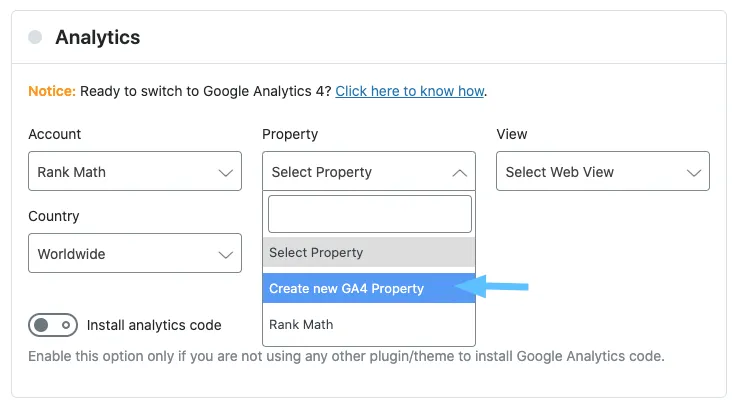 Tạo mới property GA4 trong Rank Math