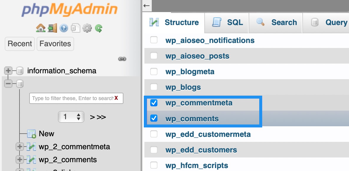 Tìm hai bảng dữ liệu là: wp_comments và wp_commentmeta