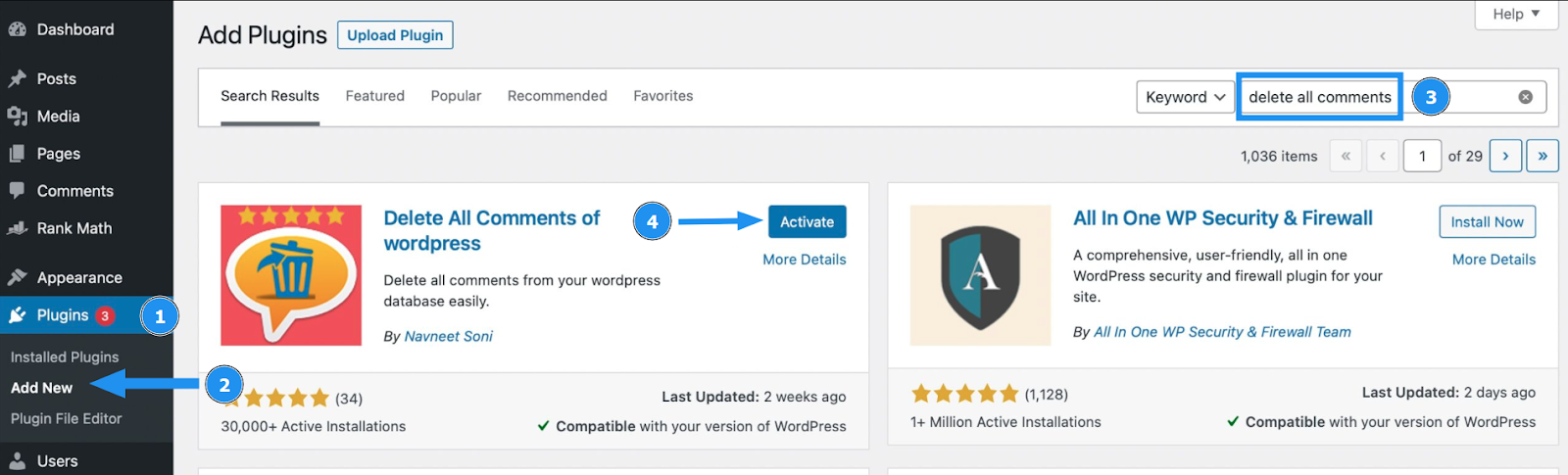 Tìm kiếm plugin có tên Delete All Comments of WordPress