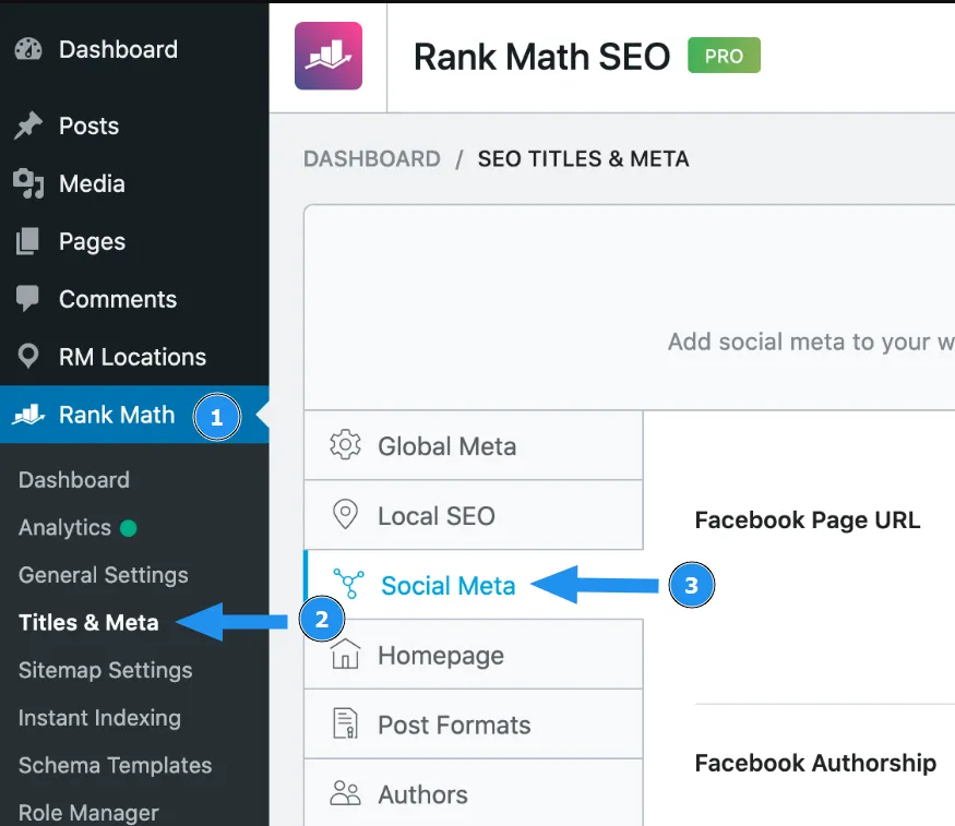 Truy cập cài đặt Social Meta trong Rank Math