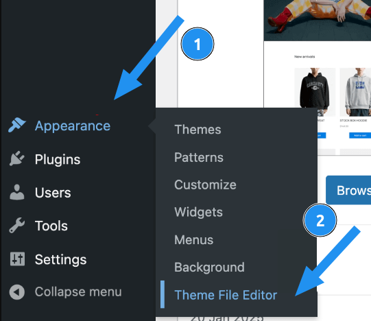 Truy cập vào giao diện quản lý WordPress, chọn Appearance → Theme File Editor