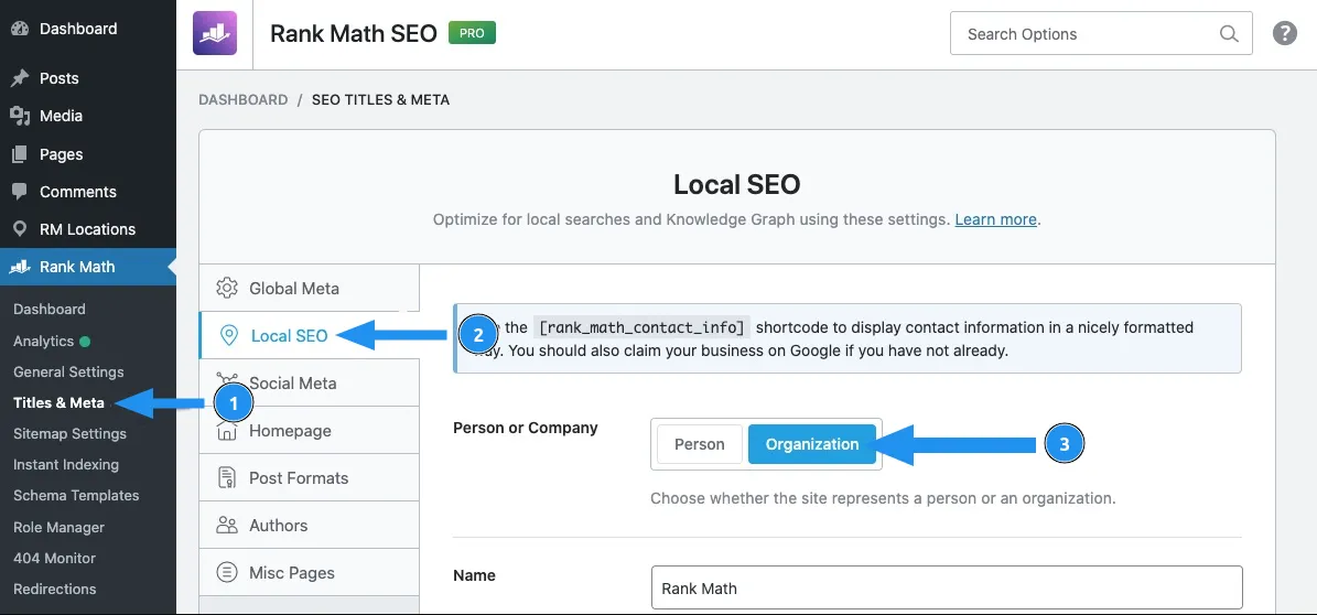 Cách tạo KML Sitemap bằng Rank Math: Vào Rank Math SEO → Titles & Meta → Local SEO.