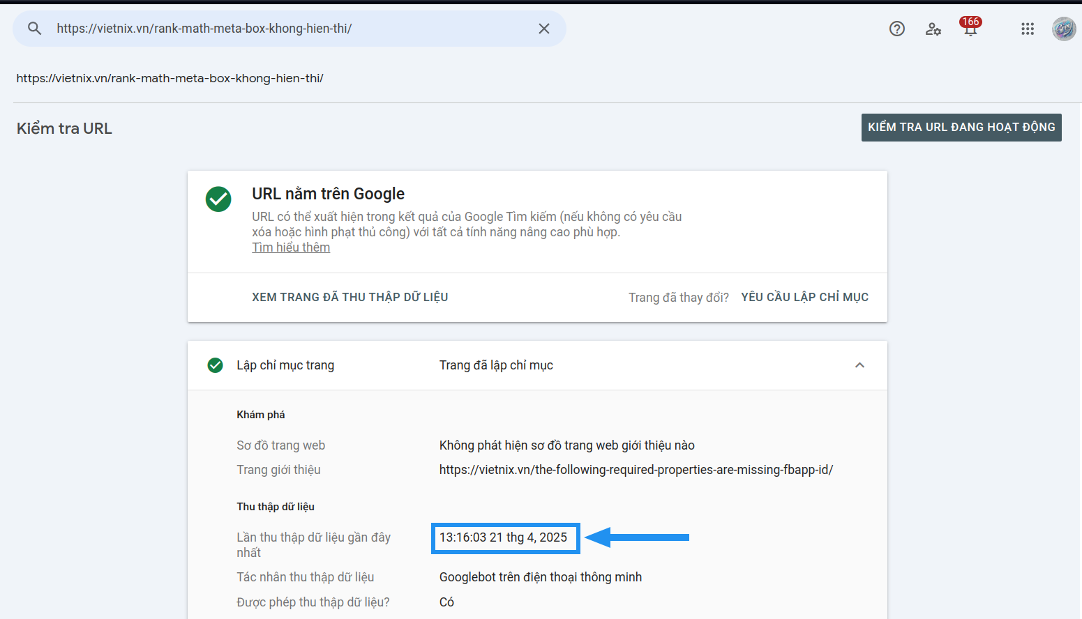 Xem ngày thu thập dữ liệu gần nhất.