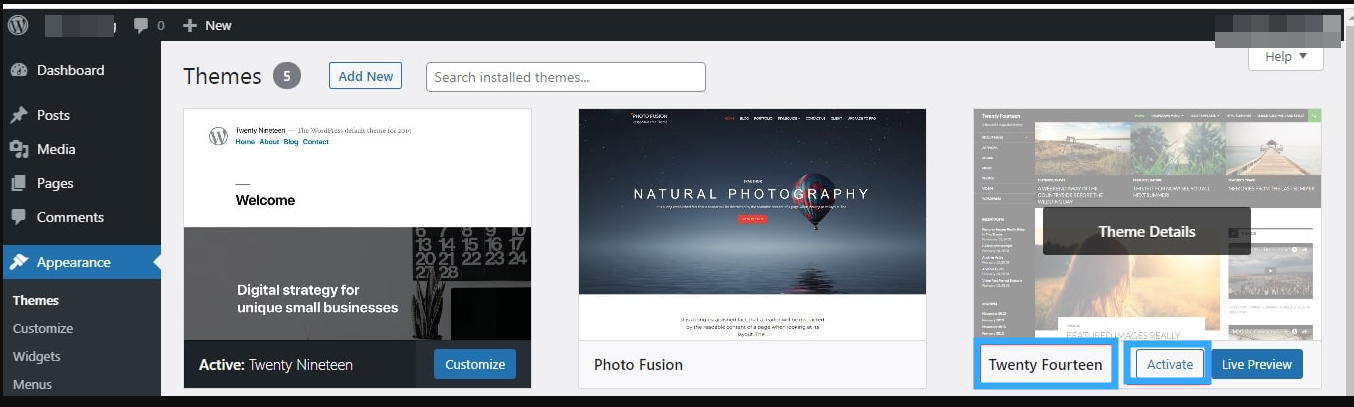 xóa theme WordPress trong Dashboard WordPress