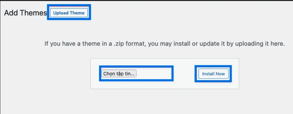 Chọn Upload Theme, tìm file Astra đã tải về và nhấn Install Now