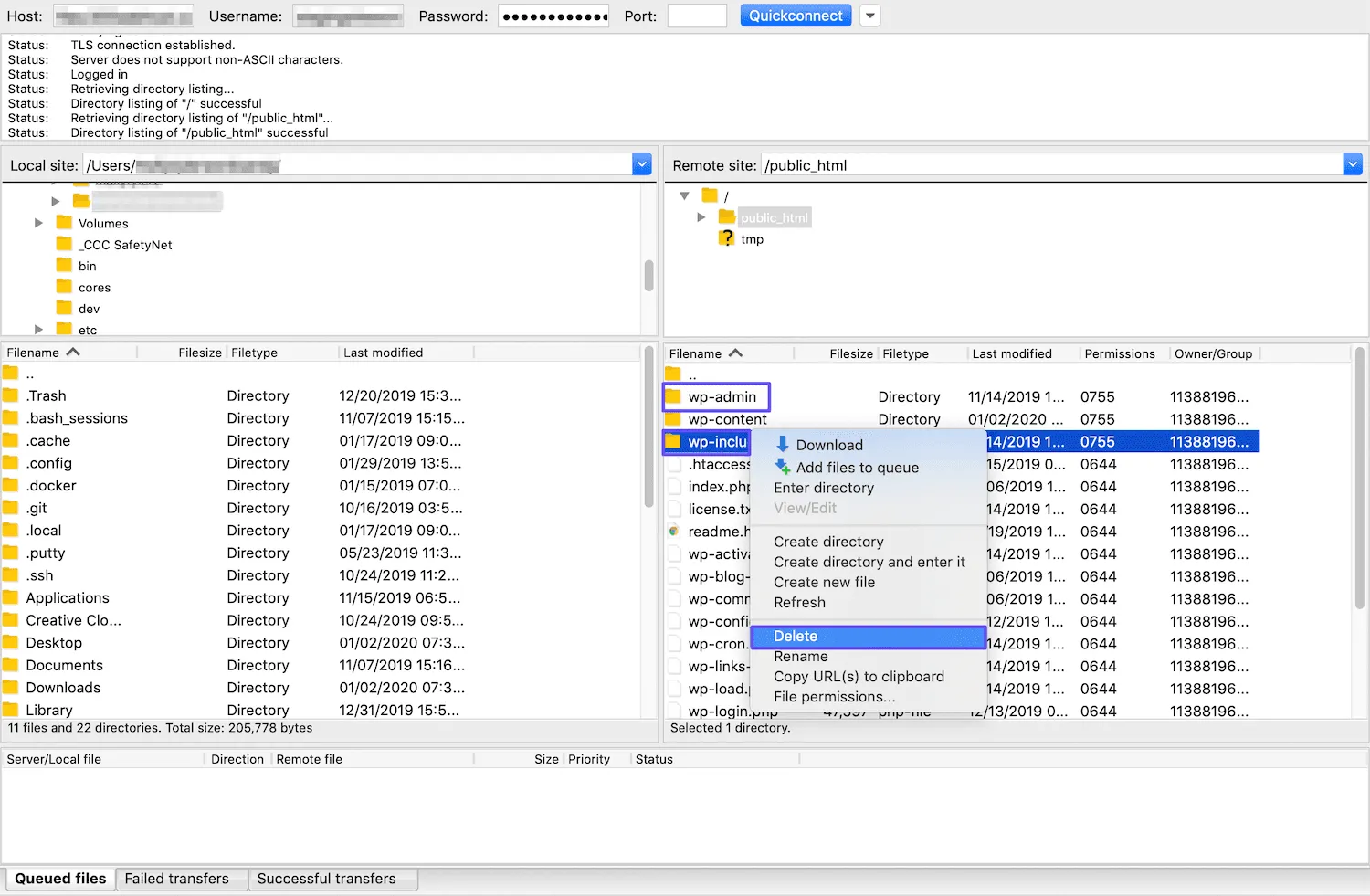 Xóa thư mục wp-admin và wp-include
