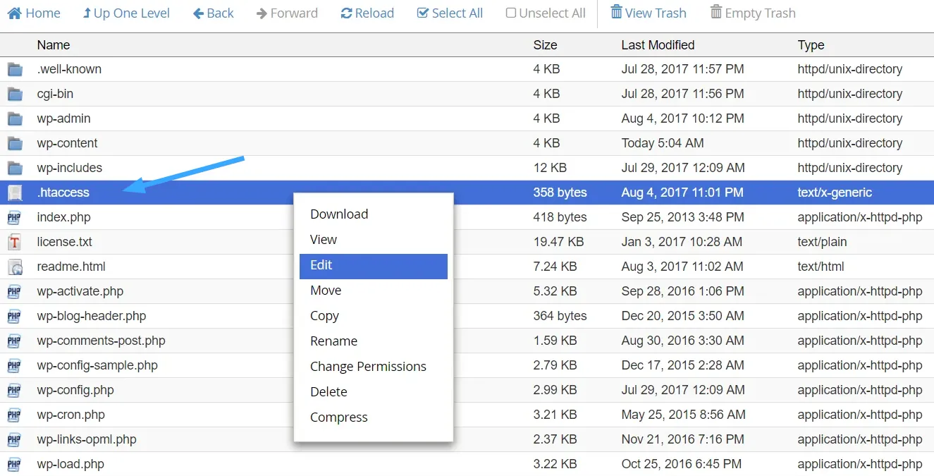 Tìm tệp .htaccess và chọn Edit