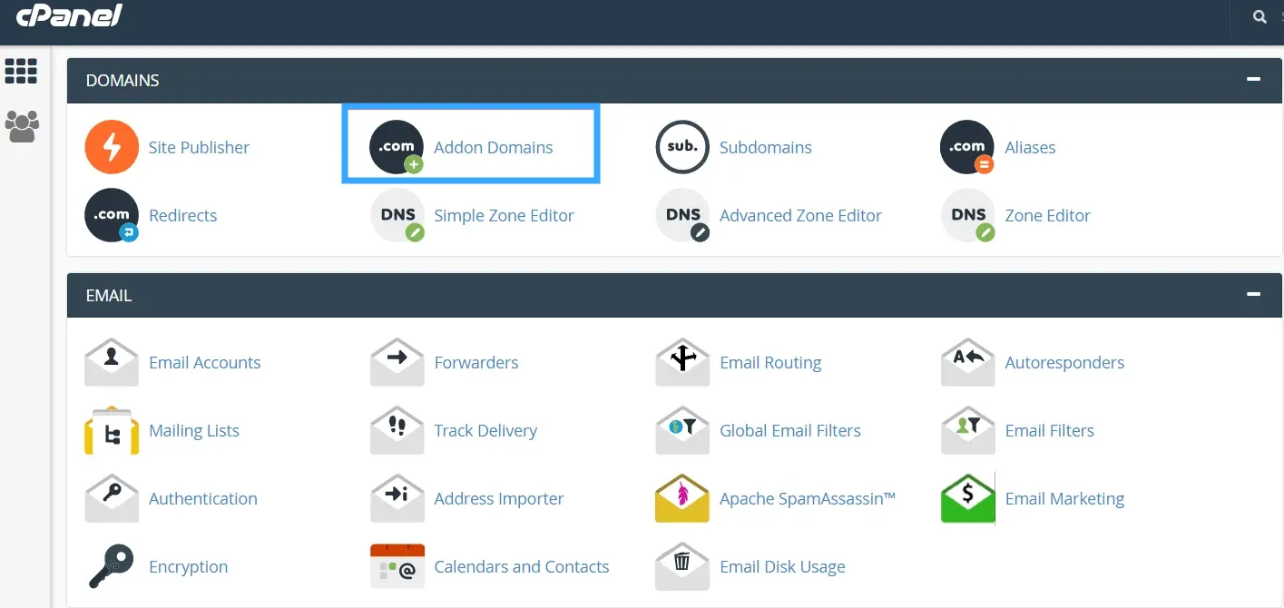 Truy cập Addon Domains